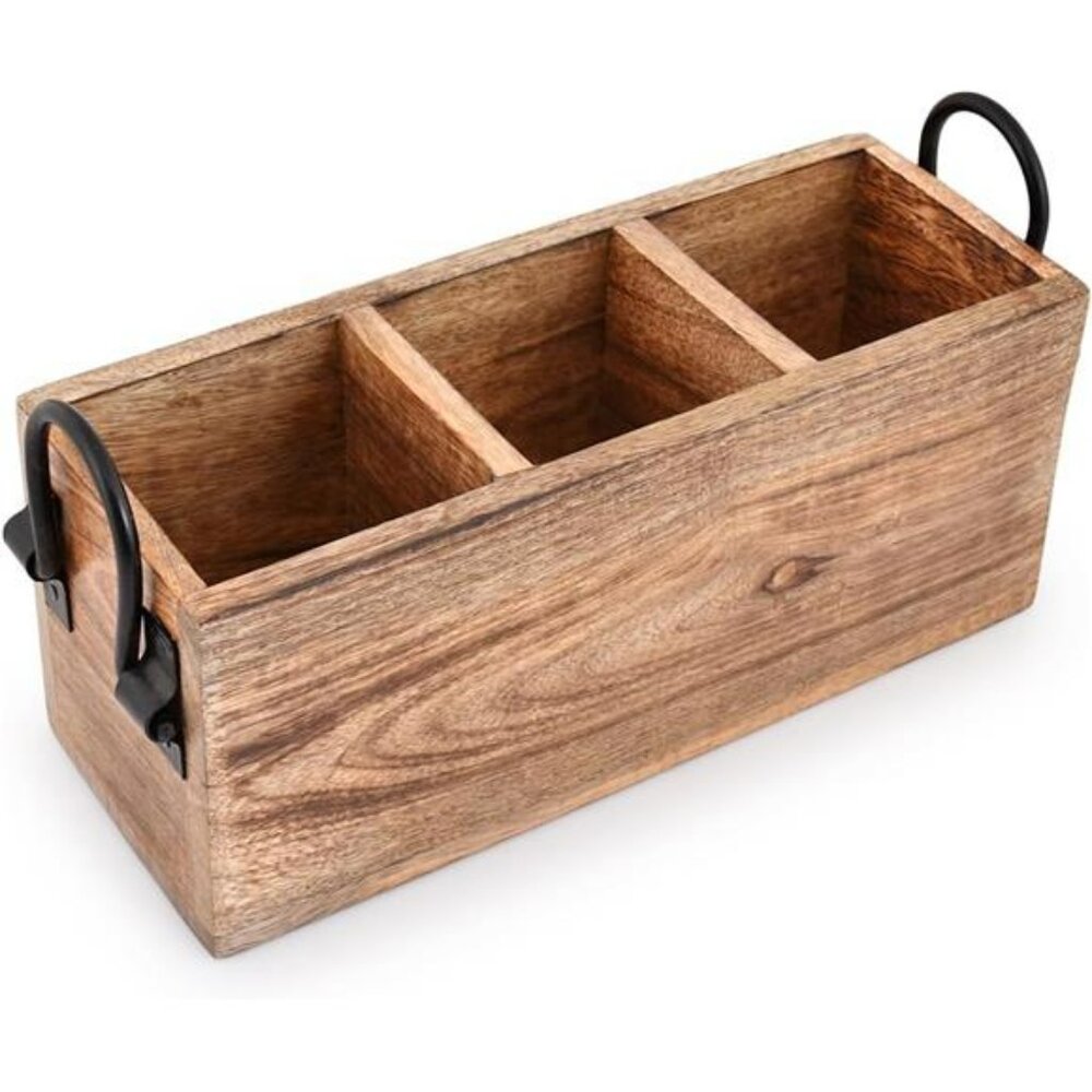 Mango wood cutlery holder utensil caddy kitchen countertop organizer rustic tray